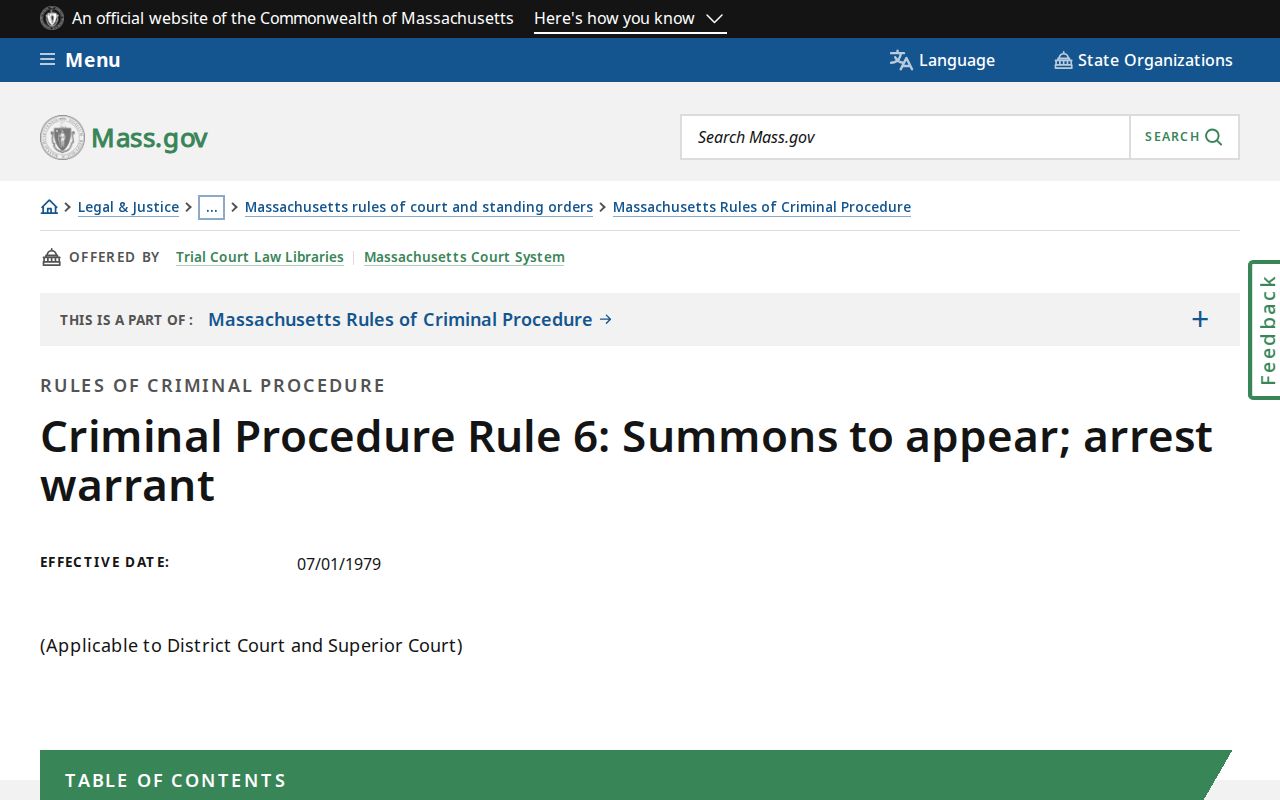 Massachusetts criminal procedure Rule 6 for summonses and arrest warrants