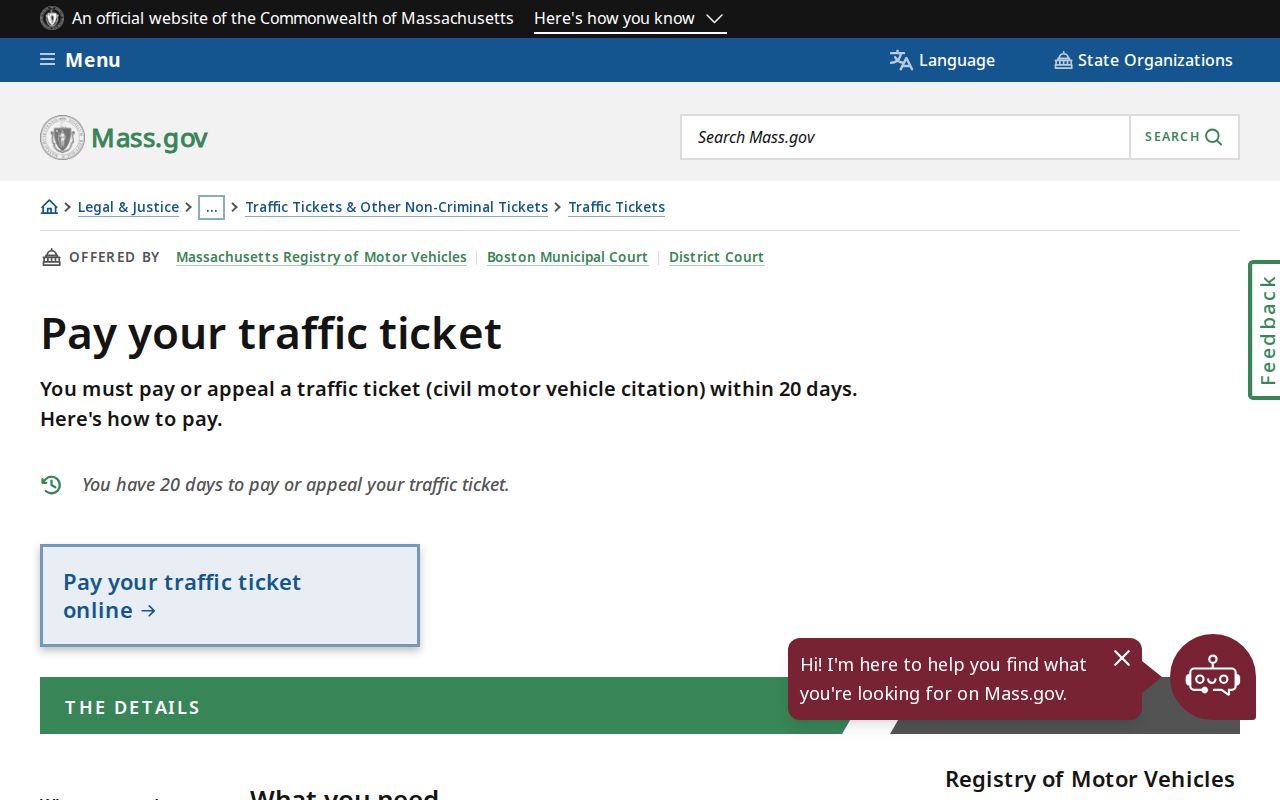 Massachusetts traffic warrant context: RMV instructions for paying a citation