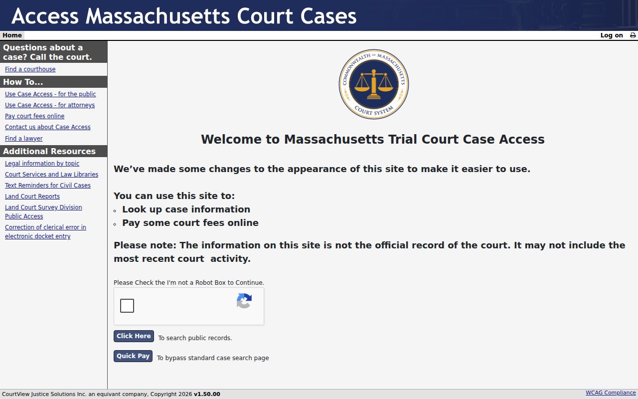 Massachusetts warrant search context: empty MassCourts public docket page