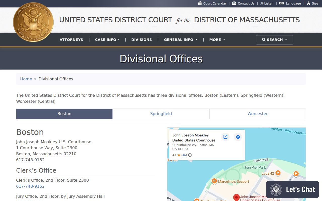 Massachusetts federal court divisions for federal warrant and case routing