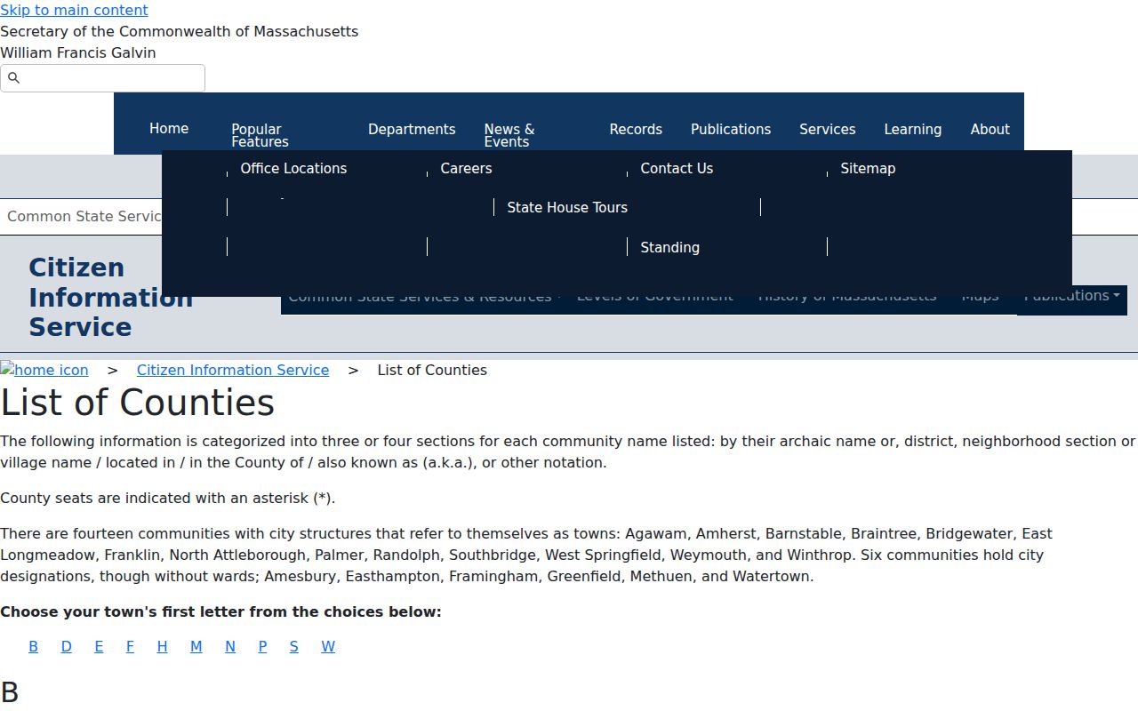Massachusetts warrant records county directory source listing county names and seats