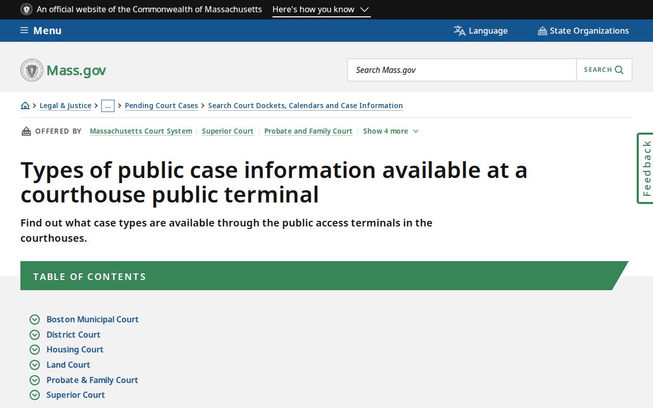 Massachusetts warrant search context: official courthouse public terminal access information