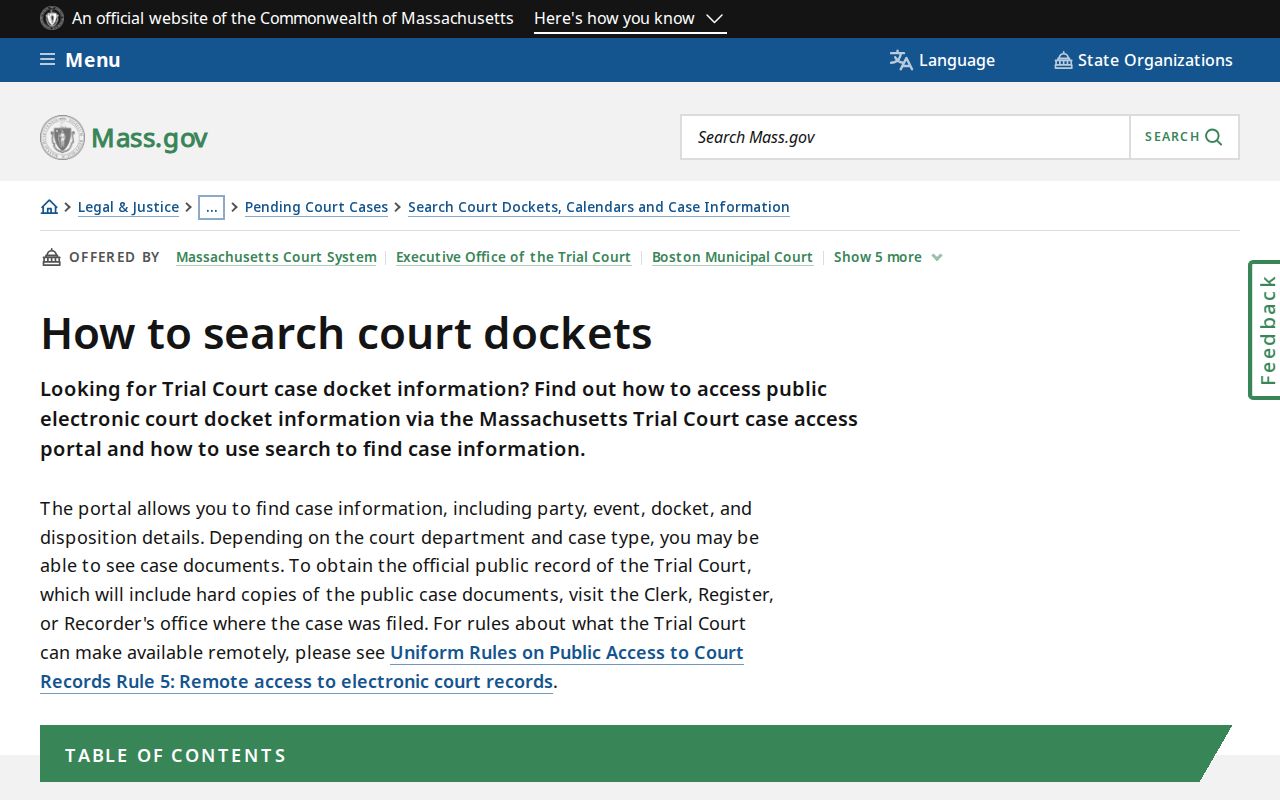 Massachusetts warrant search context: official MassCourts docket search fields