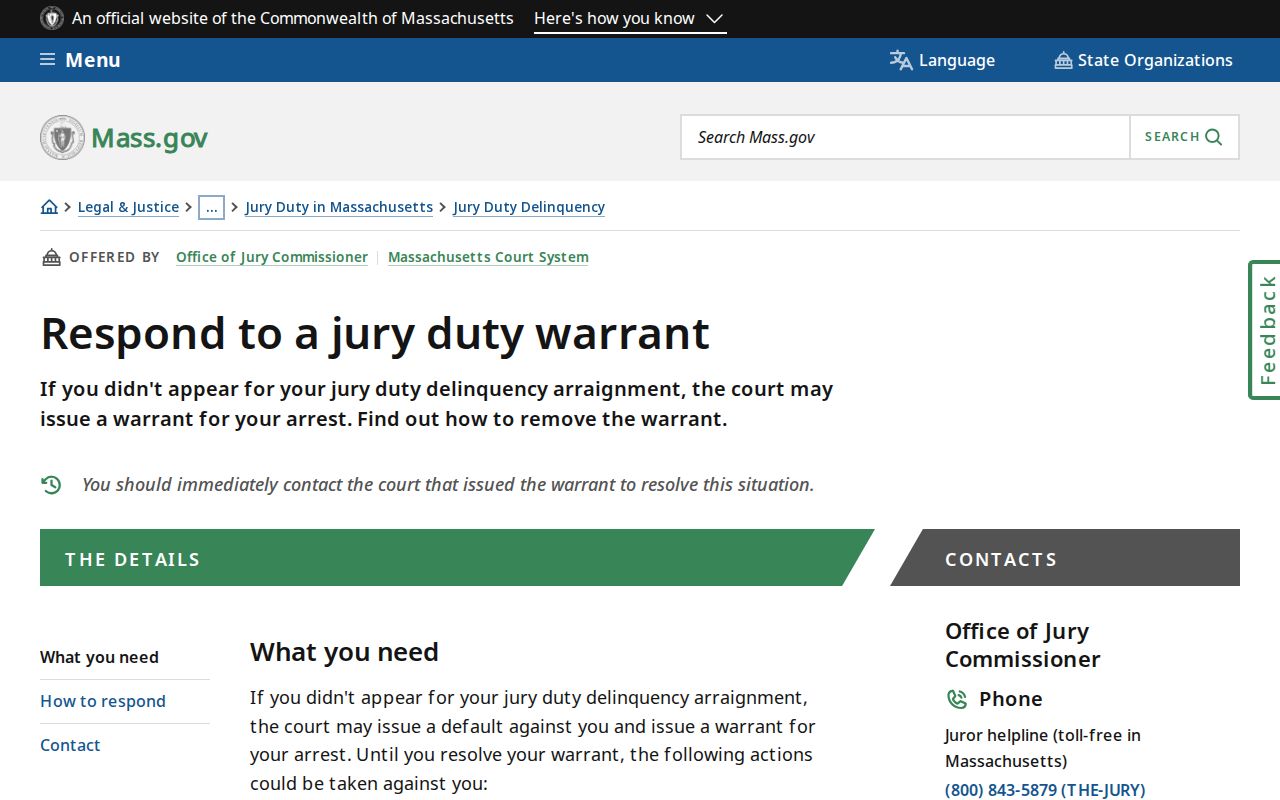 Massachusetts bench warrant search: official jury-duty warrant response instructions