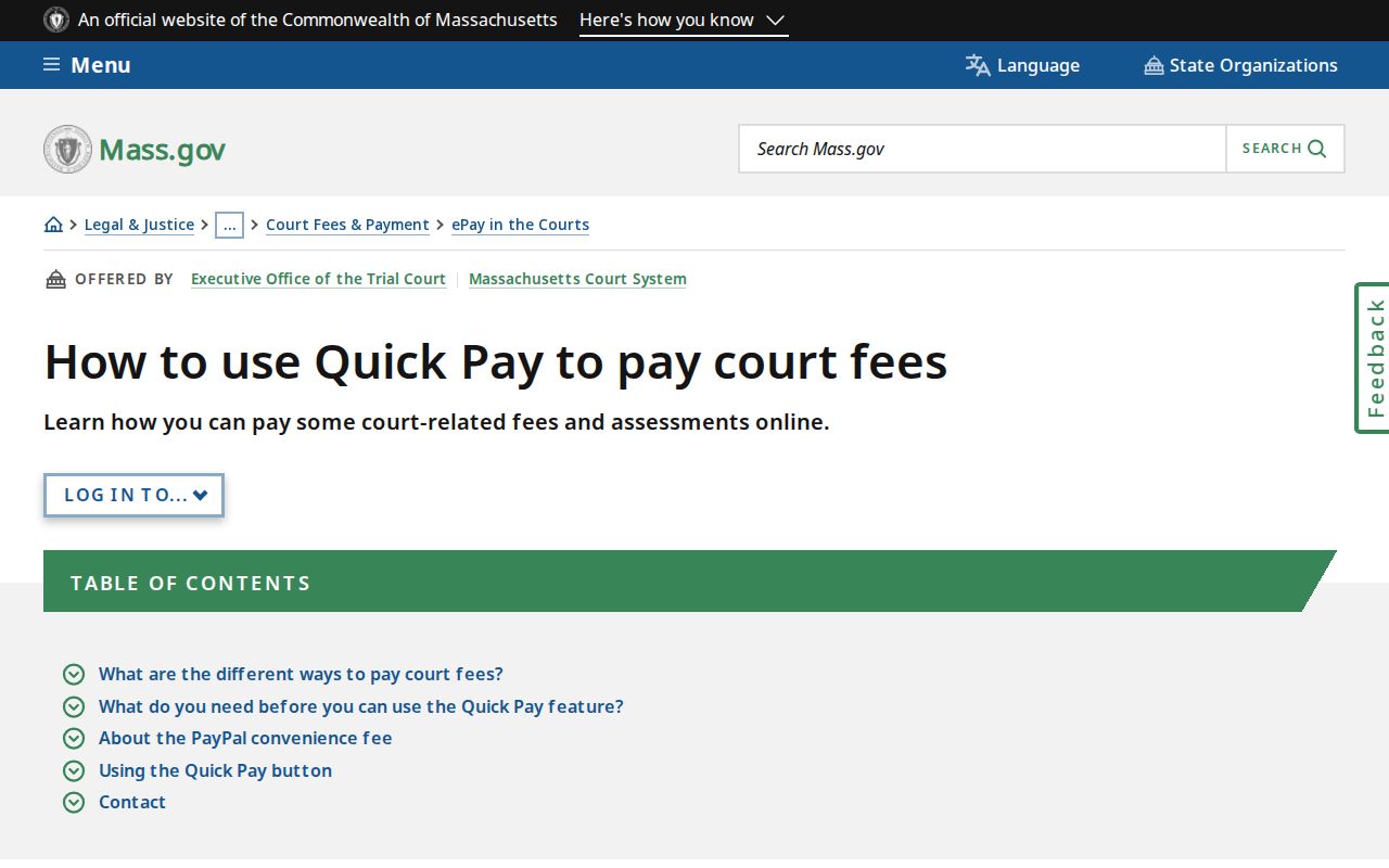 Massachusetts warrant records Quick Pay instructions warning that online payment does not remove a warrant