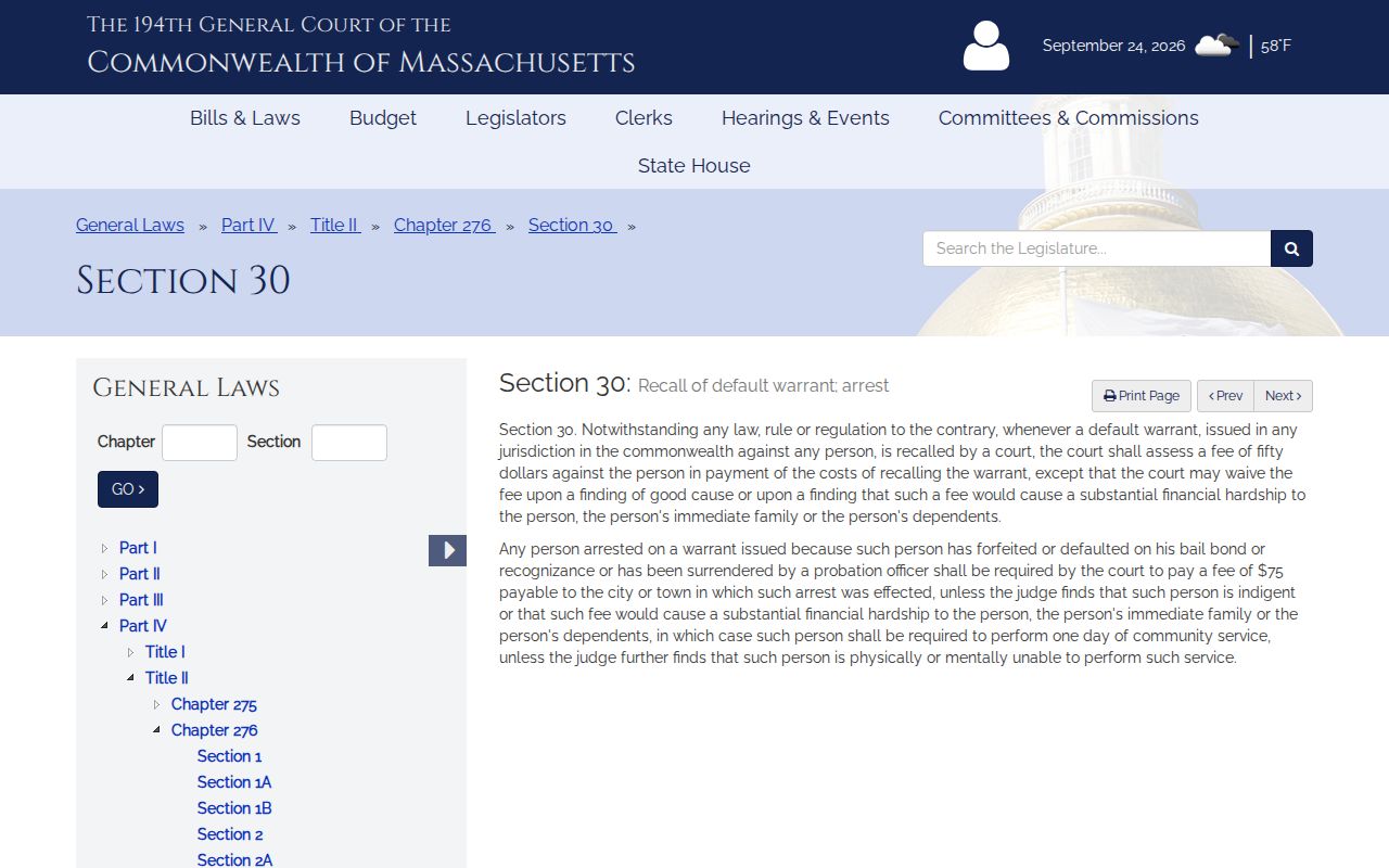 Massachusetts bench warrant recall: c.276 section 30 fee and waiver provision