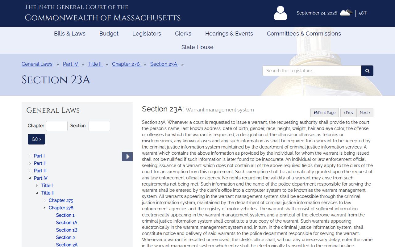 Massachusetts warrant records statute describing Trial Court WMS and CJIS data flow