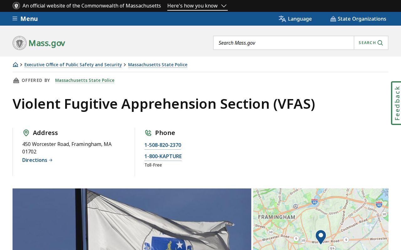 Massachusetts Violent Fugitive Apprehension Section institutional contact page